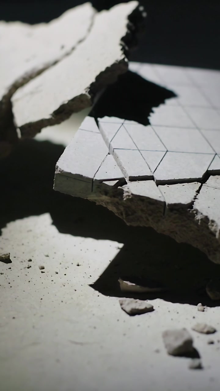 Vertical video: Shifting camera revealing fractured plaster slab over patterned ceramic tile, dust