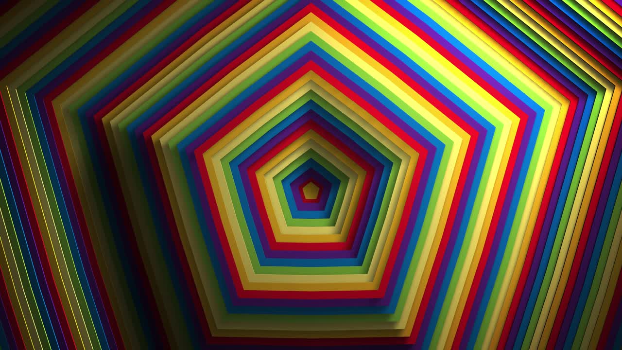 Animazione di pentagoni color arcobaleno in movimento in loop continuo.