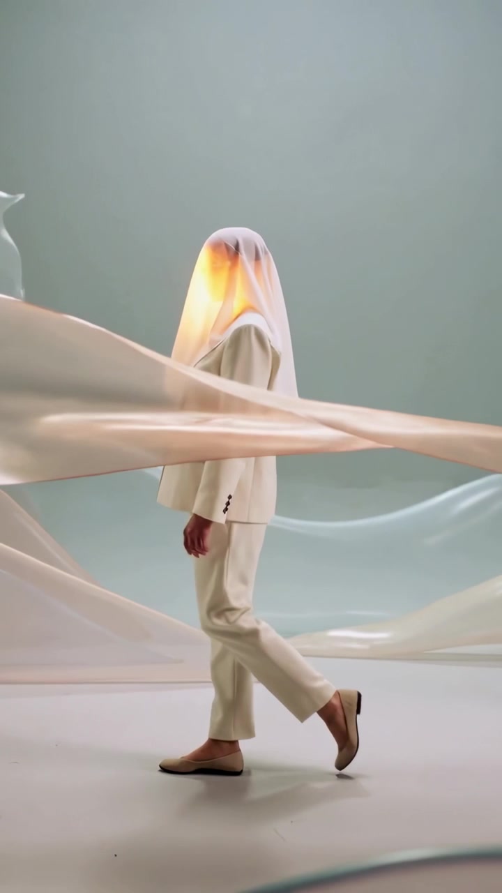 Video verticale: Modella che cammina in tailleur color crema con velo illuminato che attraversa il set, nastri che sventolano dai ventilatori.