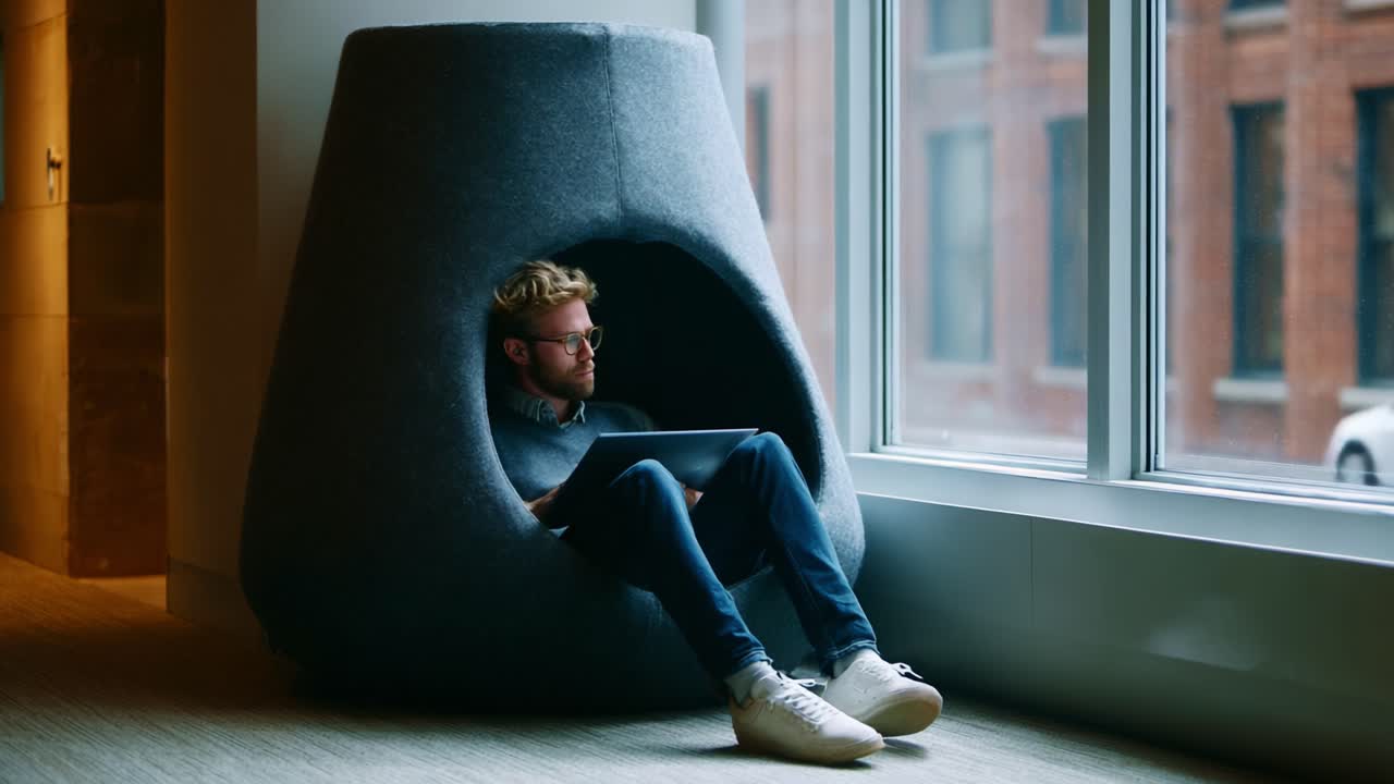 Comfortable Work Space: A Modern Man Relaxingly Engaged with His Laptop Inside a Cozy Pod Chair by a Window with a City View