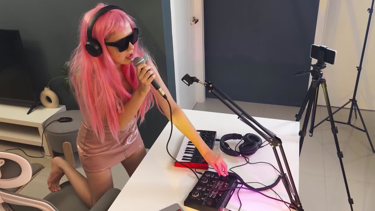 mujer cantando y grabando música en un estudio casero