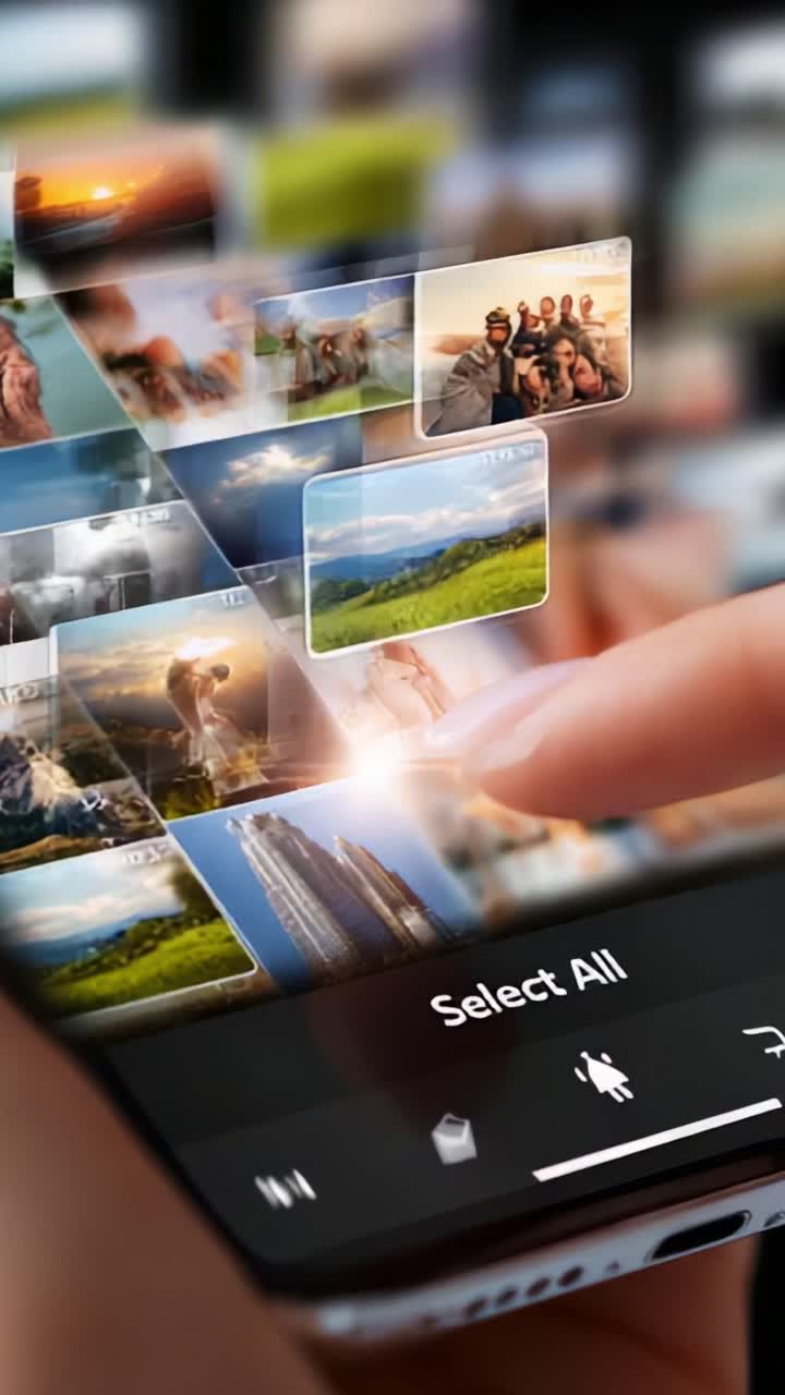 A user interacts with a smartphone displaying a photo gallery, selecting multiple images while showcasing a modern interface, capturing the essence of digital photography and user engagement