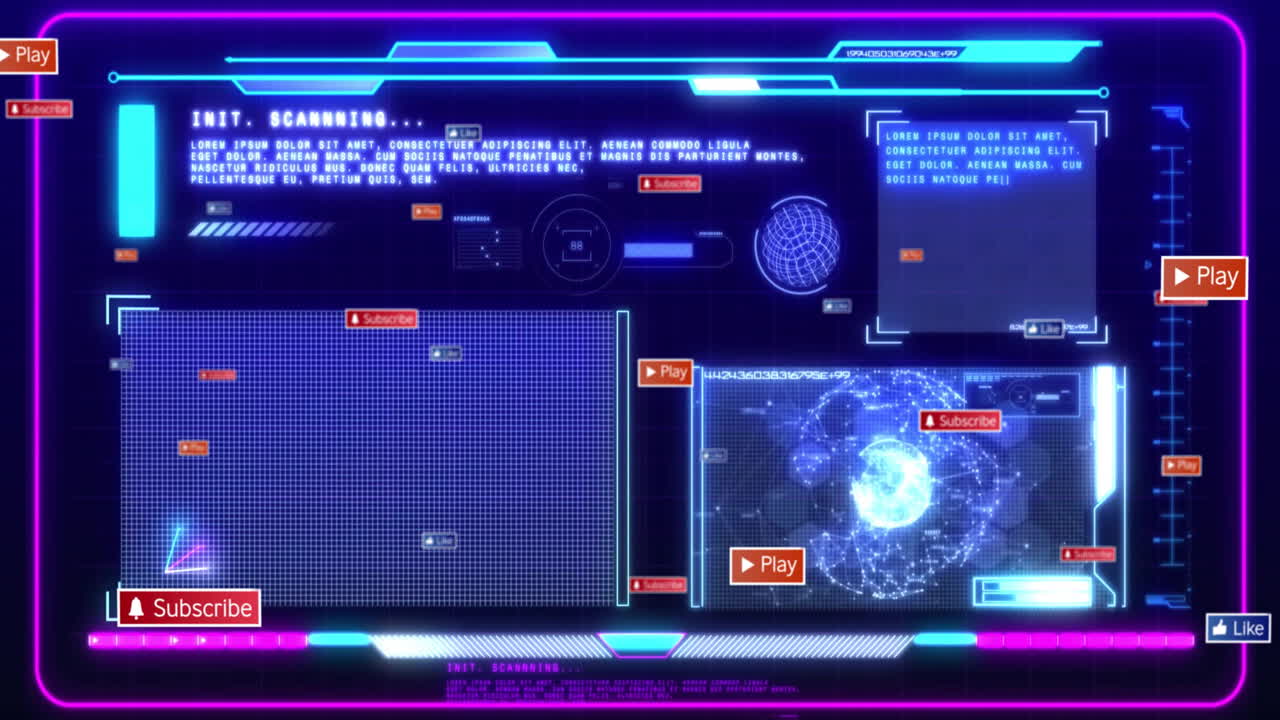Animation of icons and data processing over screens on dark background