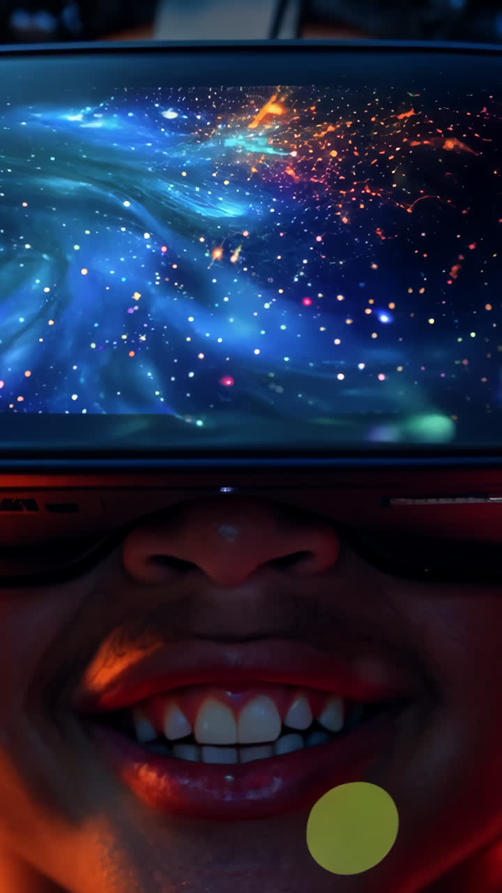 A young girl wearing a virtual reality headset is smiling. Concept of excitement and wonder as the girl experiences the virtual world