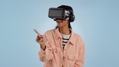 vr, juego y retrato de mujer con manos en azul