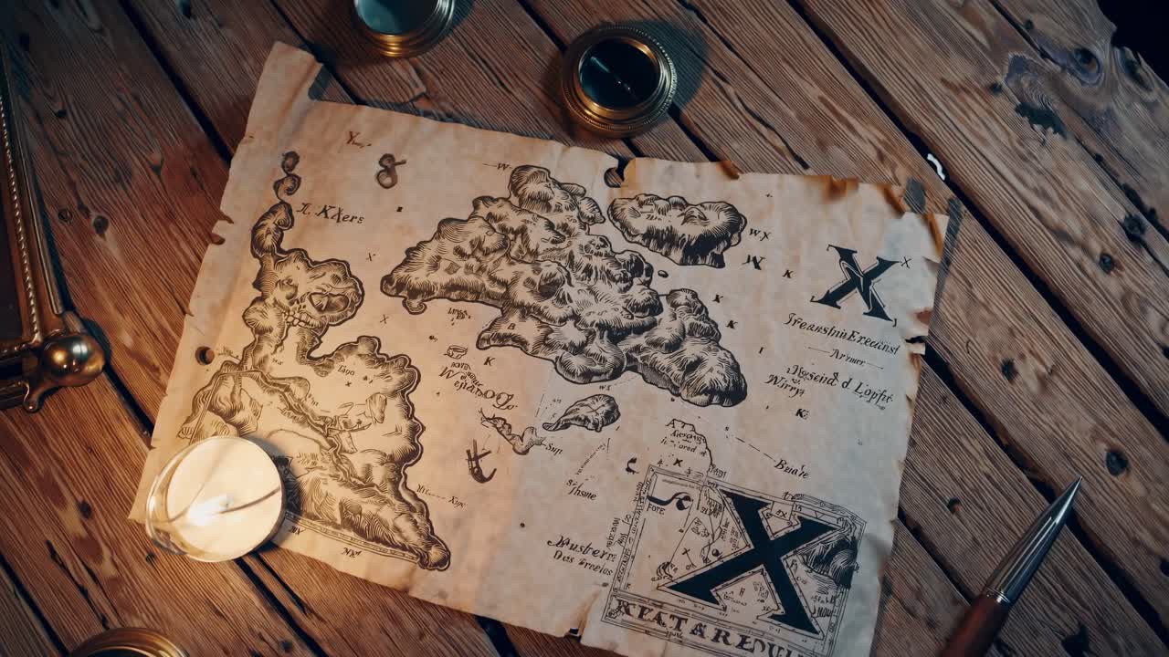 Top-down view of an old treasure map on a wooden table, surrounded by candles and coins