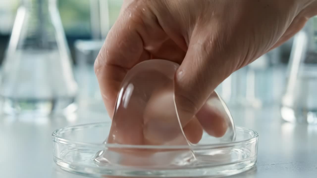 Hand Touching and Stretching Clear Viscous Gel in Laboratory Petri Dish