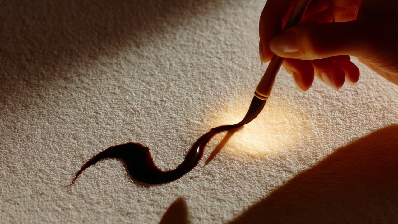 A Close-Up View of an Artistic Hand Painting Curved Strokes with a Brush on a Textured Surface in a Warm Light, Capturing the Flow of Creativity and Detail in Every Motion