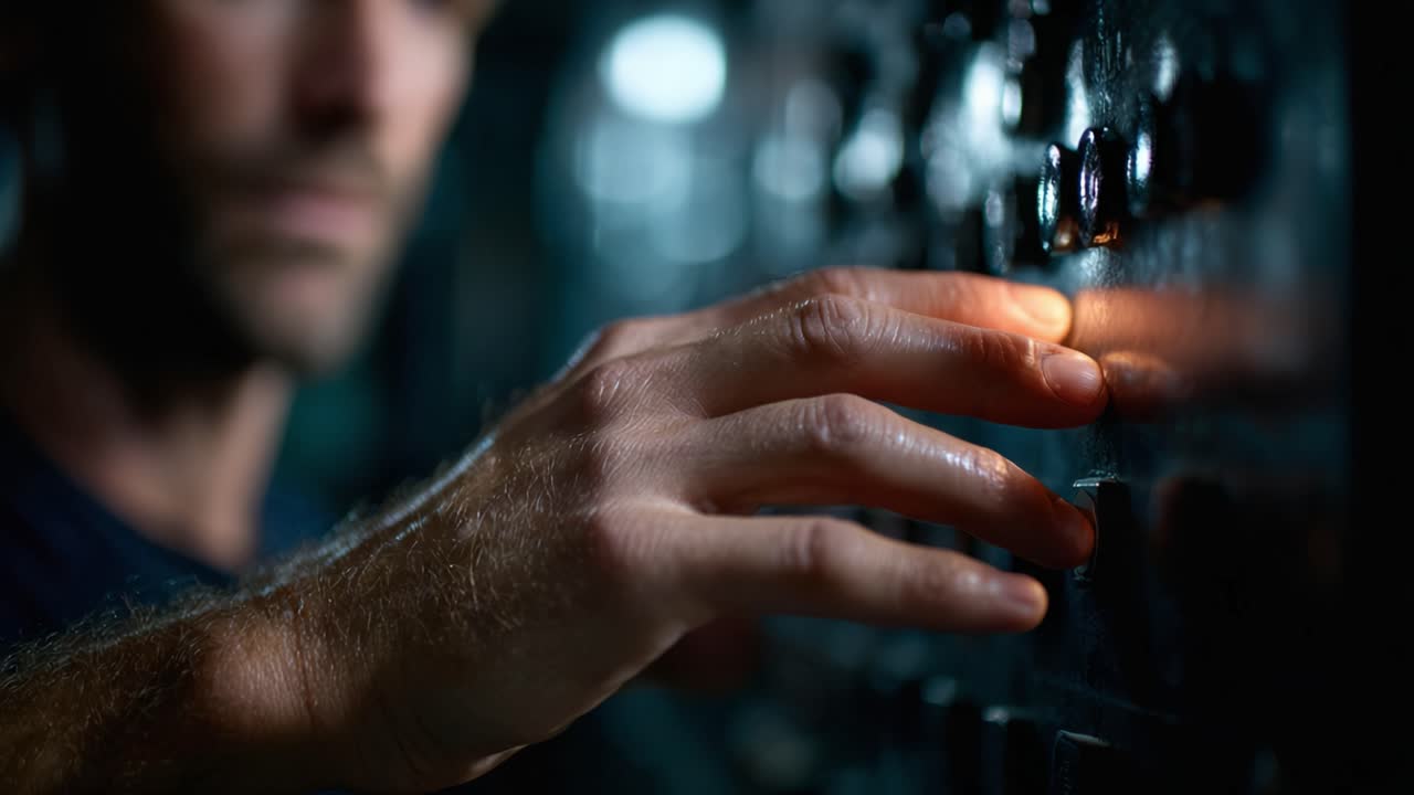 A Focused Hand Manipulates Controls in a Dimly Lit Environment, Highlighting Precision and Attention to Detail in Technical Operations