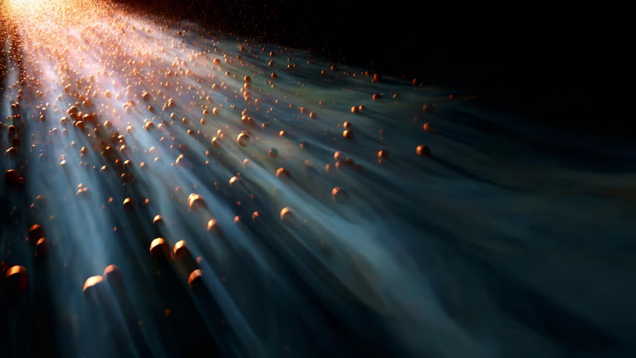 A mesmerizing display of light and particles captures the ethereal beauty of flowing energy, illuminating the dark space as it radiates through a cascade of glowing orbs and mist