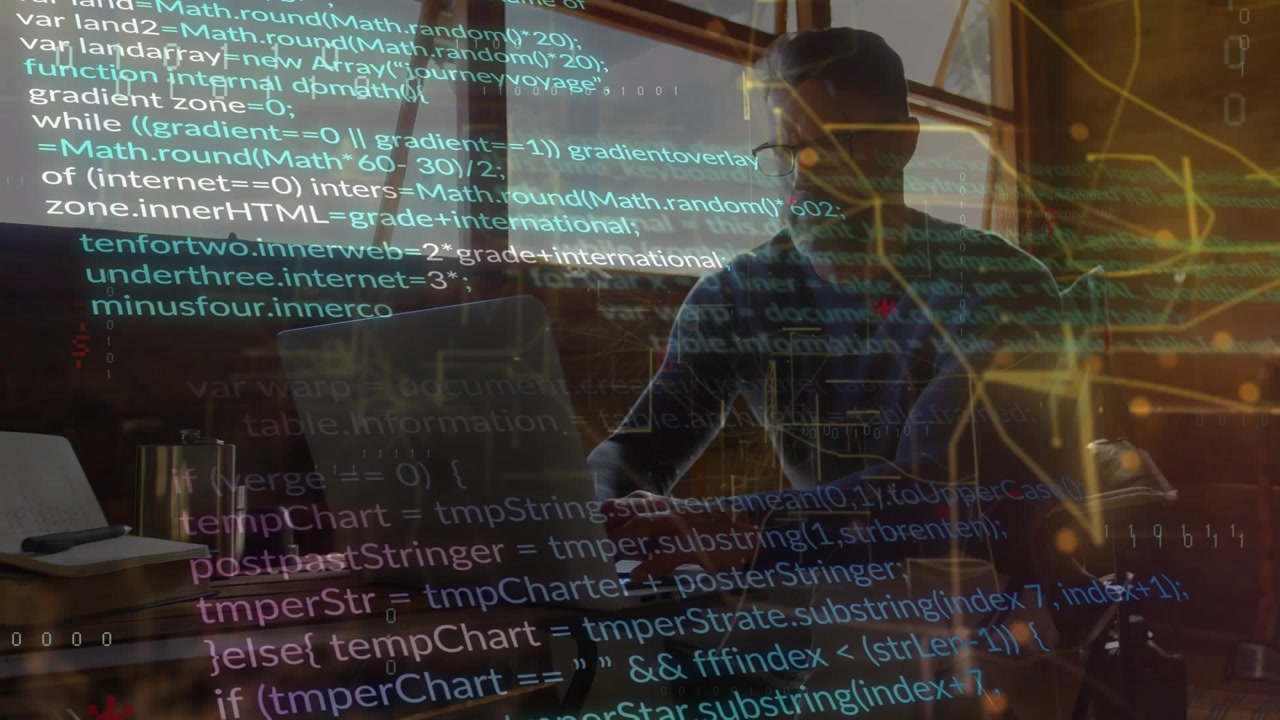 Animation of light trails and data processing over caucasian man using laptop at home