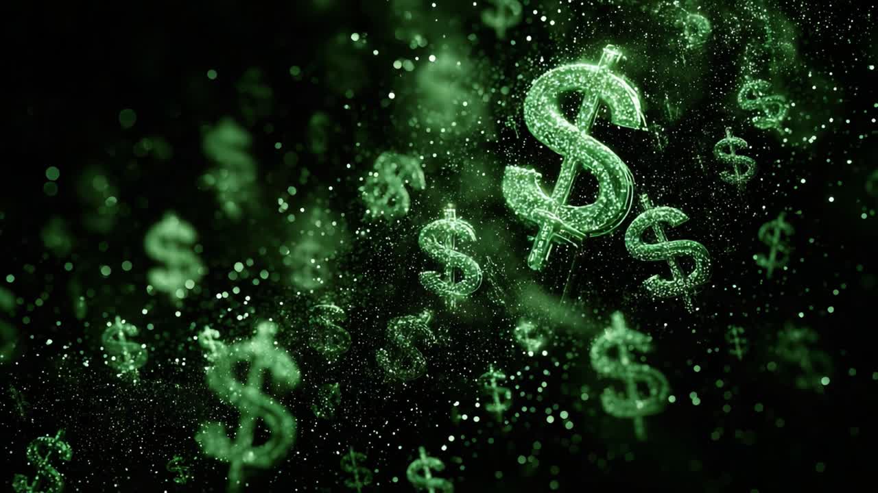 Vangitseva esitys leijuvista vihreistä dollarimerkeistä, jotka symboloivat rikkautta ja taloudellista hyvinvointia, tummaa taustaa vasten säihkyvin tehostein.