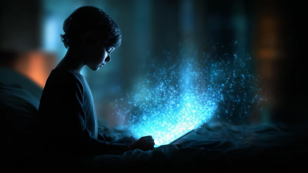 A Boy Engaged with a Tablet, Surrounded by a Luminescent Display of Starry Particles, Capturing the Essence of Imagination and Digital Exploration