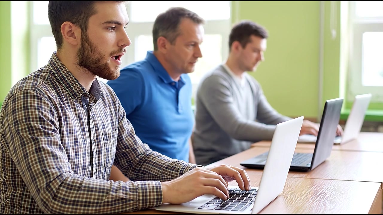 Adult students attending computer training session while working on laptops inside modern educational classroom