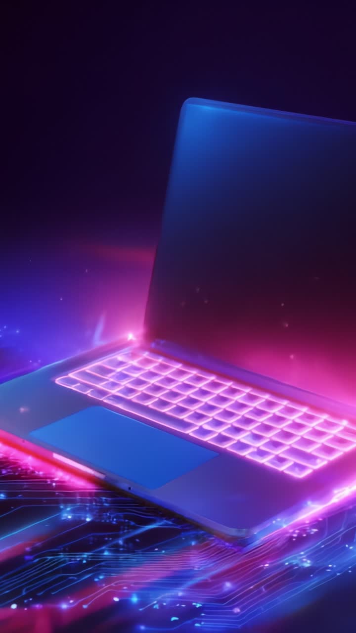 Futuristic Laptop with Neon Glow and Abstract Digital Effects Illuminating a Dark Background, Symbolizing Innovation and Cutting-edge Technology