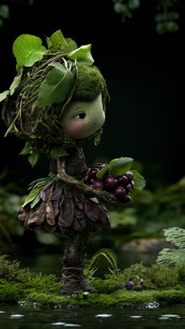 a whimsical nature fairy wearing a leafy outfit and surrounded by a multitude of vibrant berries