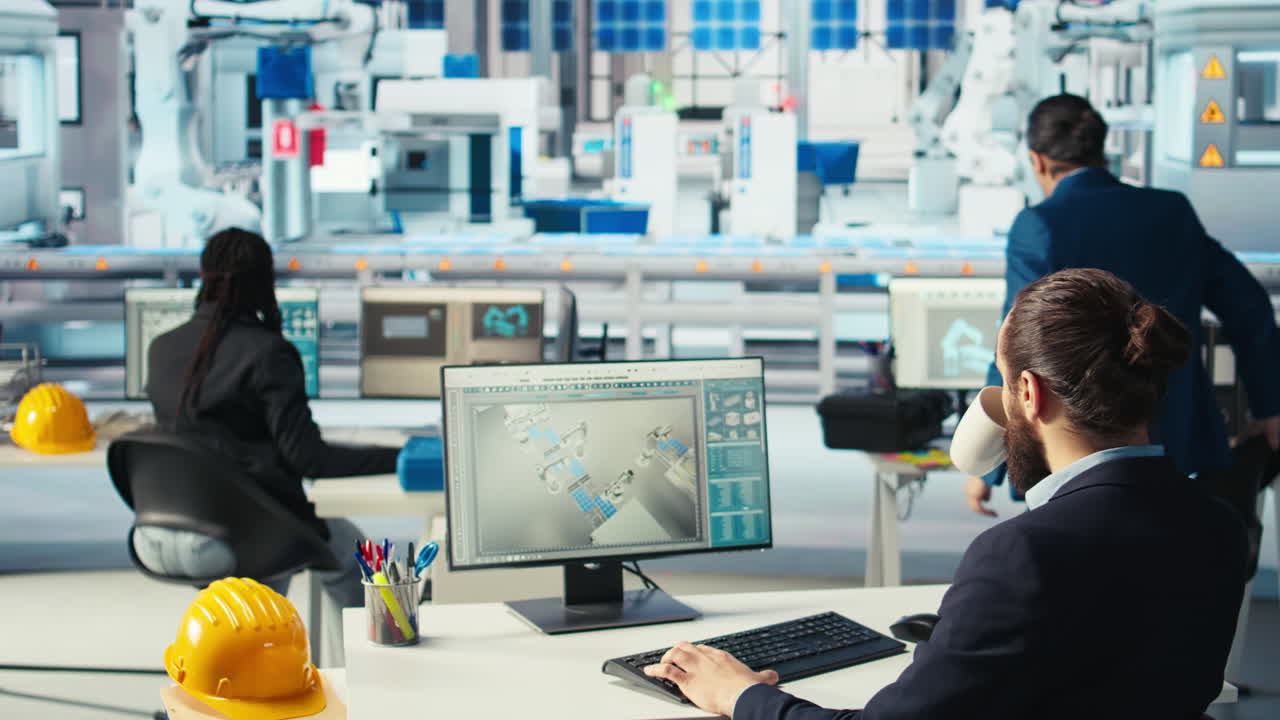 esperto di fabbrica fotovoltaica che beve caffè alla scrivania del computer