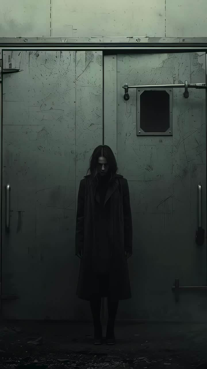 Vertical video: Metal door yielding woman in long dark coat stepping into deserted lot seeking EXIT
