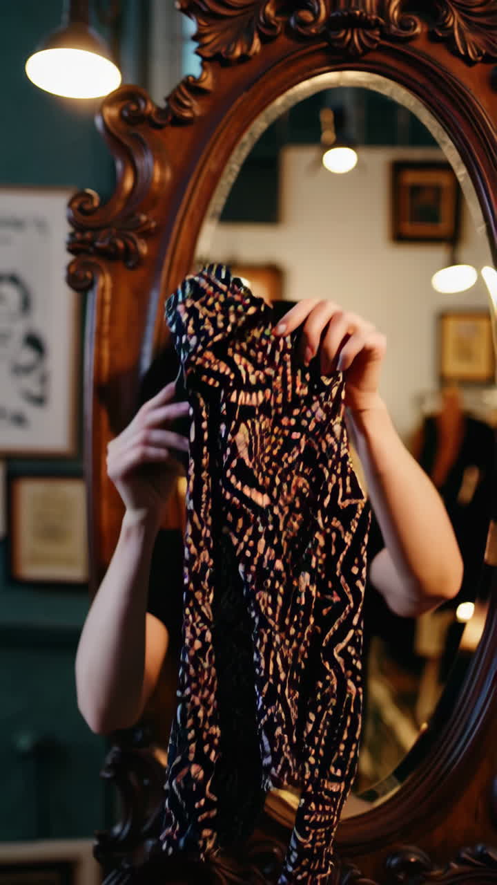 빈티지 의류 가게 에서 쇼핑 하는 여자