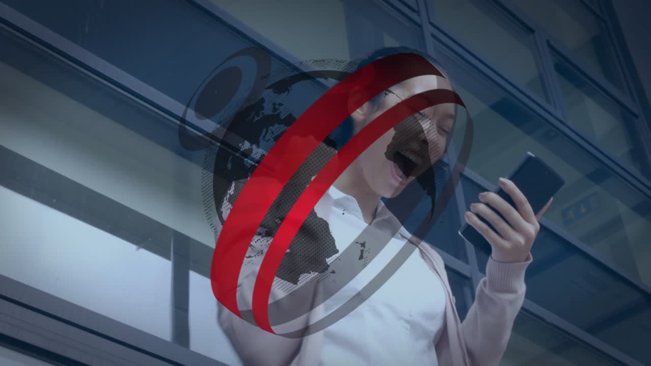 ⁇ 은 반지와 회색 지구의 애니메이션, 스마트 폰을 사용하는 행복한 사업가