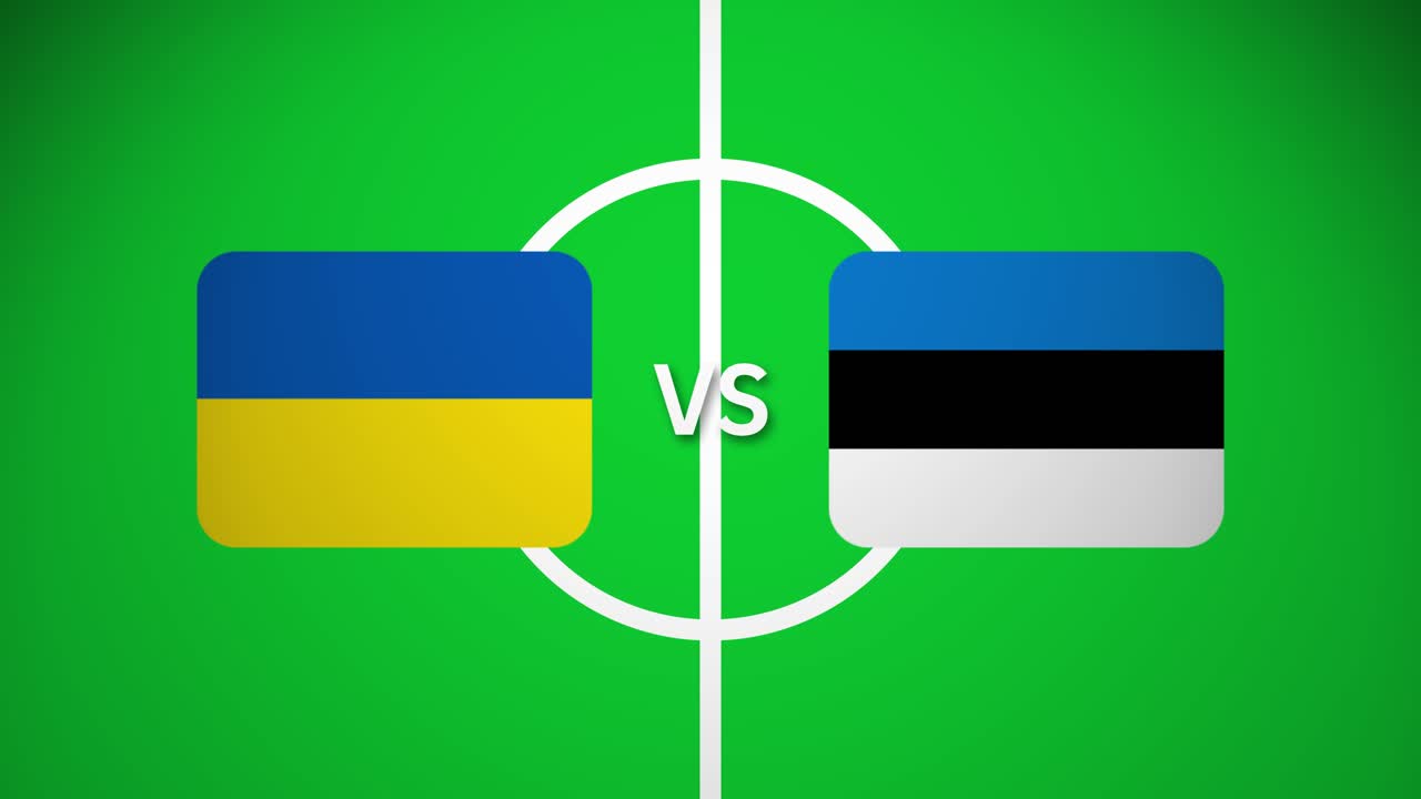Animated football soccer graphic: Ukraine and Estonia flags on green field with center circle. "VS" indicates upcoming match. Dynamic sports visualization for international football tournament.