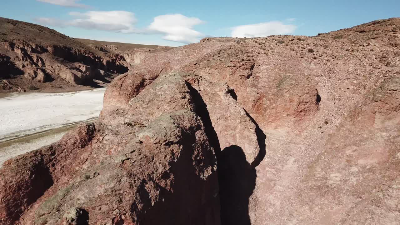 Cinematic Aerial View of Cliffs Above Salt Flat Canyon and Road in Patagonia, Argentina