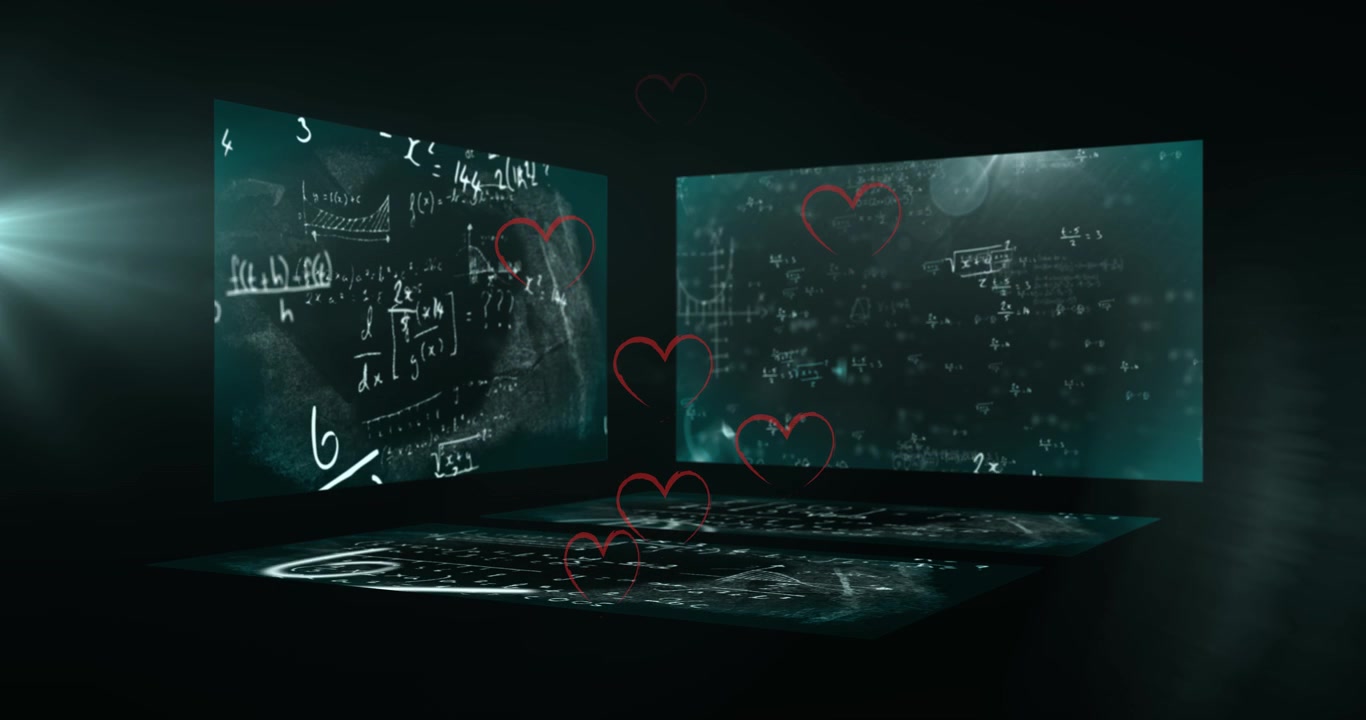 Multiple heart icons floating over multiple screens with data processing against black background