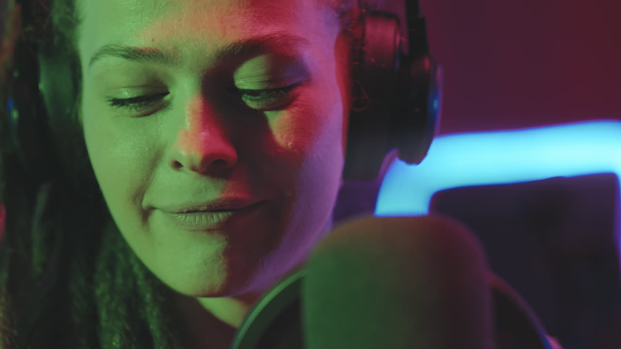 Close Up of Woman Talking on Radio Show