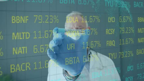 animación del procesamiento de datos del mercado de valores sobre un médico masculino caucásico con vacuna contra la covid-19