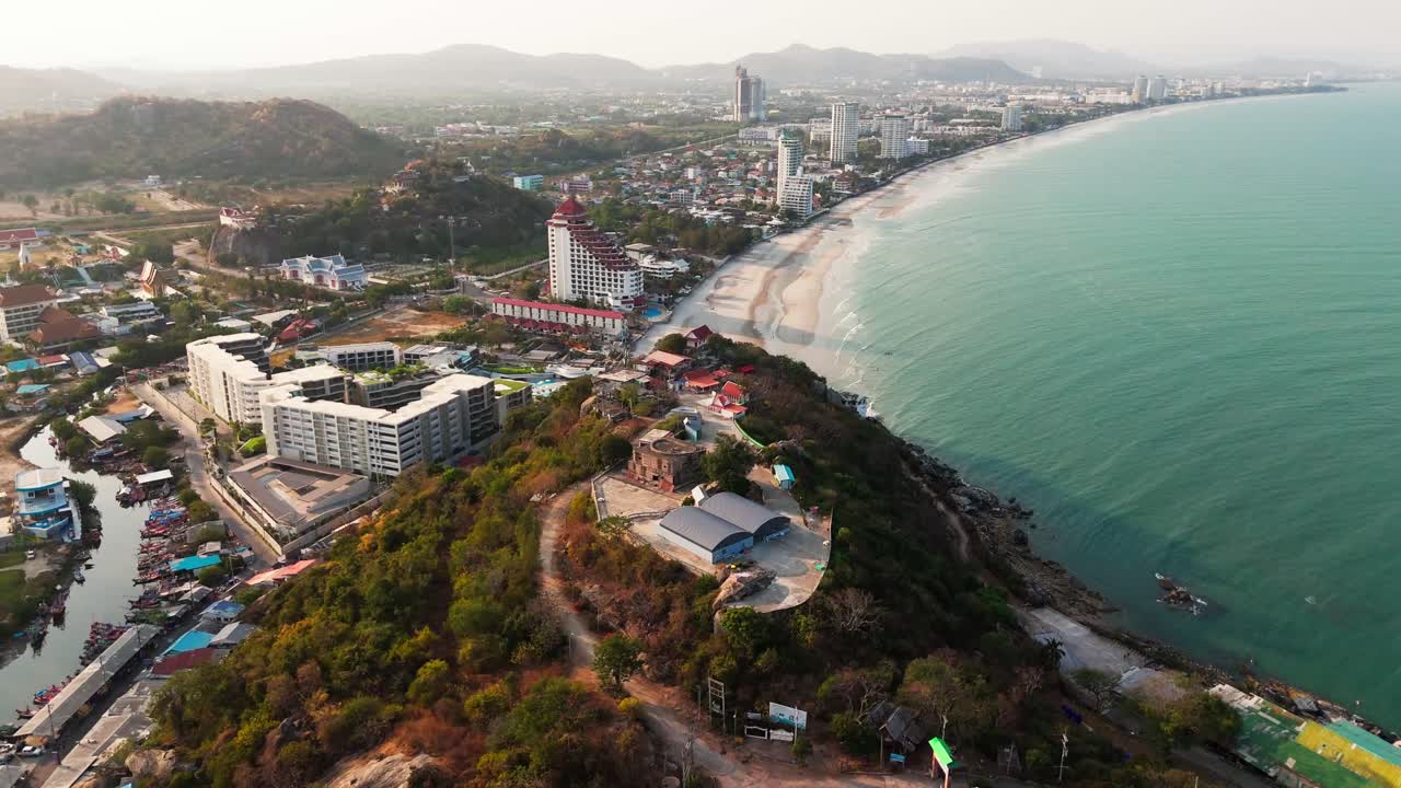 Hua Hin Thailand, Aerial drone fly over white sand city beach, tropical Thai destination