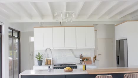 light and sunny kitchen with window to garden, slow motion