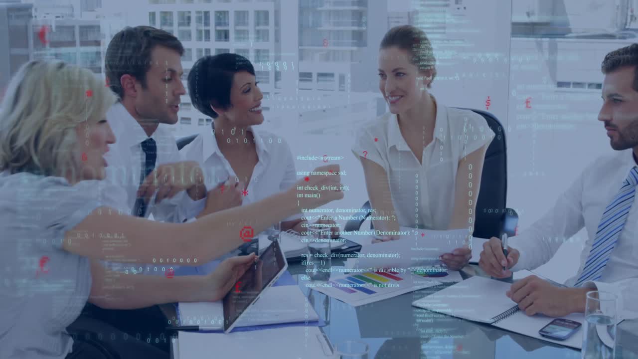 사무실에서 다양한 사업가들에 대한 그래프와 데이터의 애니메이션