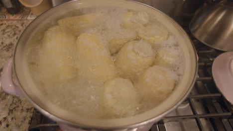 corn on the cob boiling in a large pink pot on the kitchen stove