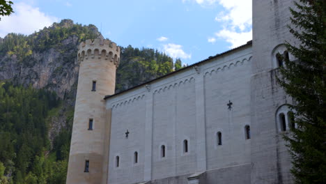 Exterior-Detail-Of-Neuschwanstein-Castle-In-Schwangau,-Germany---low-angle