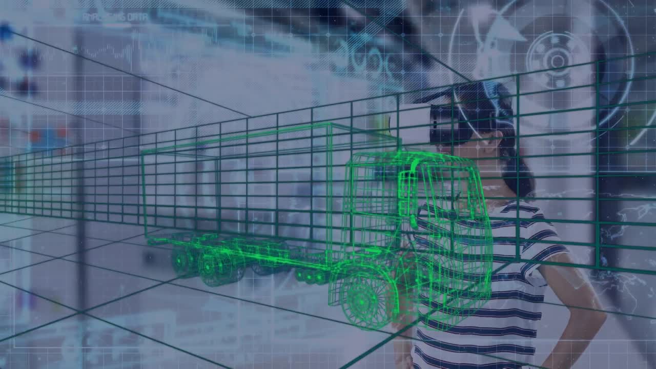 디지털 터널을 통한 3d 트럭 모델과 vr 헤드 ⁇ 을 착용한 여성에 대한 데이터 처리