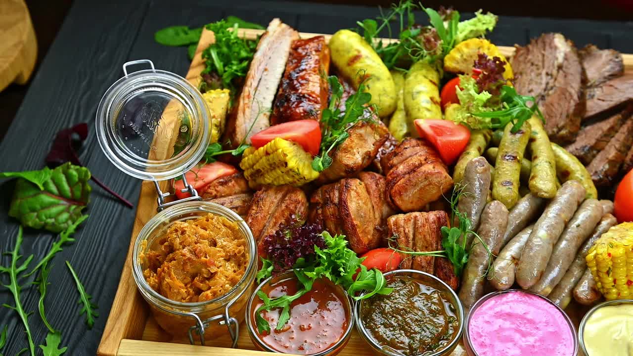 Delizioso vassoio di cibo con carni, verdure e salse a una festa estiva. Viene mostrato un grande vassoio di cibo con diverse carni