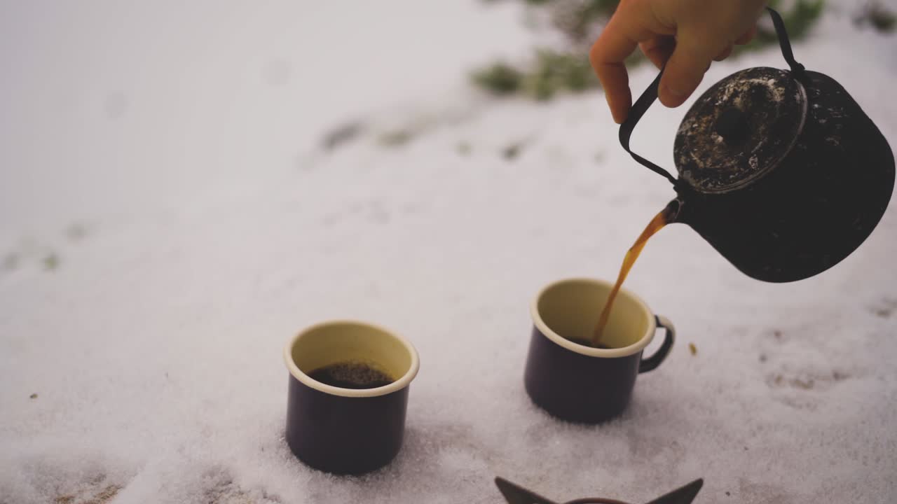 Pouring Coffee or Tea in Snowy Winter Setting