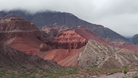 rugged red and orange rock formations in route 68, quebrada de las conchas, argentina, under cloudy skies