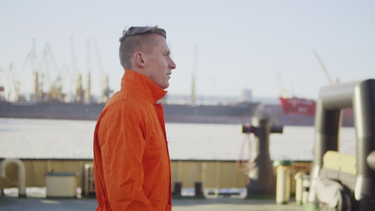 Harbor Worker in orange uniform is Walking on Cargo Harbor Site. Slow Motion