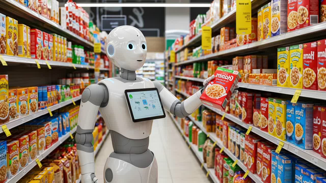 A humanoid robot interacts with food products in a supermarket aisle, showcasing advancements in technology and automation in retail environments
