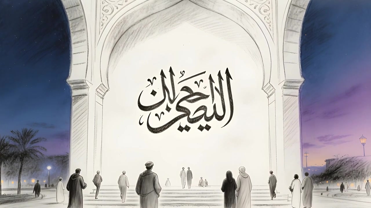 Moving camera filming crowd wearing robes and veils walking to arched portico framing calligraphy