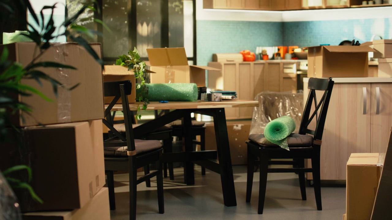 Kartonnen dozen en verhuisbenodigdheden in een woonkamer tijdens het verhuizen