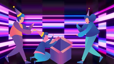 animación de personas que celebran iconos sobre formas parpadeantes púrpuras y azules sobre fondo negro