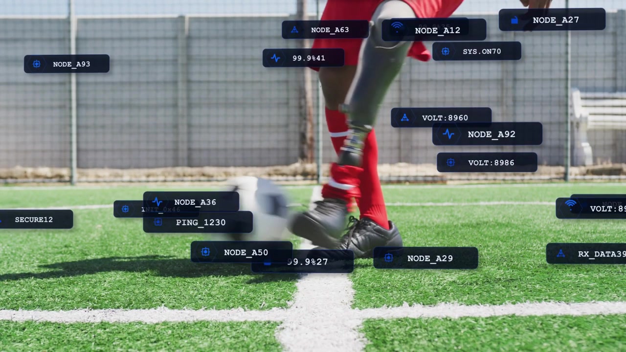 Player running, planting prosthetic leg and kicking ball for sports tech, AR tags around ball