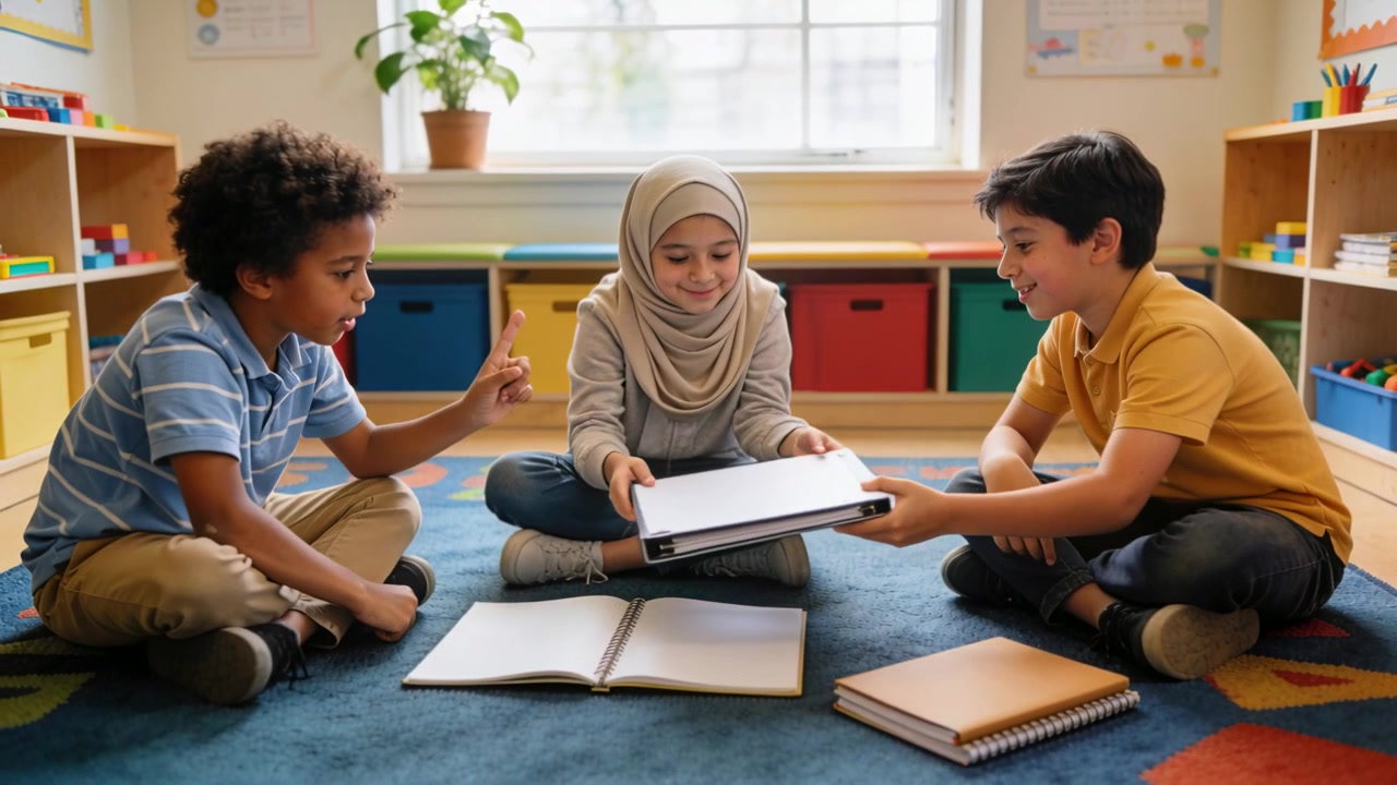 Anak-anak menunjuk dan mengajak siswa berhijab yang menawarkan binder putih di atas karpet sekolah untuk belajar dengan buku catatan