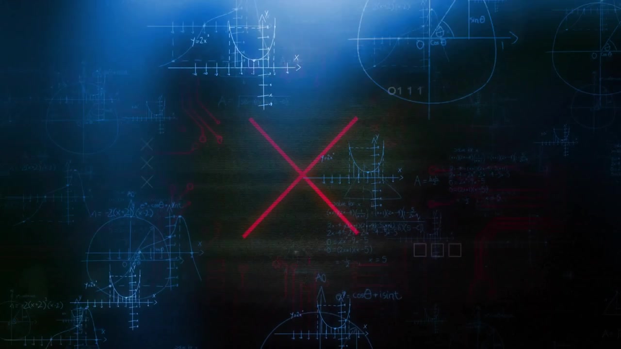 Abstract mathematical interface being visualized in 3D render, showing neon plots with glitch lines