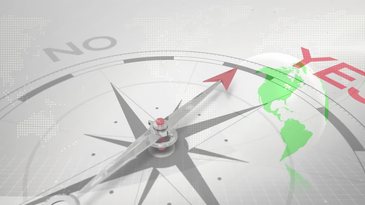 세계 지도 애니메이션 위에 '예'와 '아니오' 텍스트를 가진 나침반