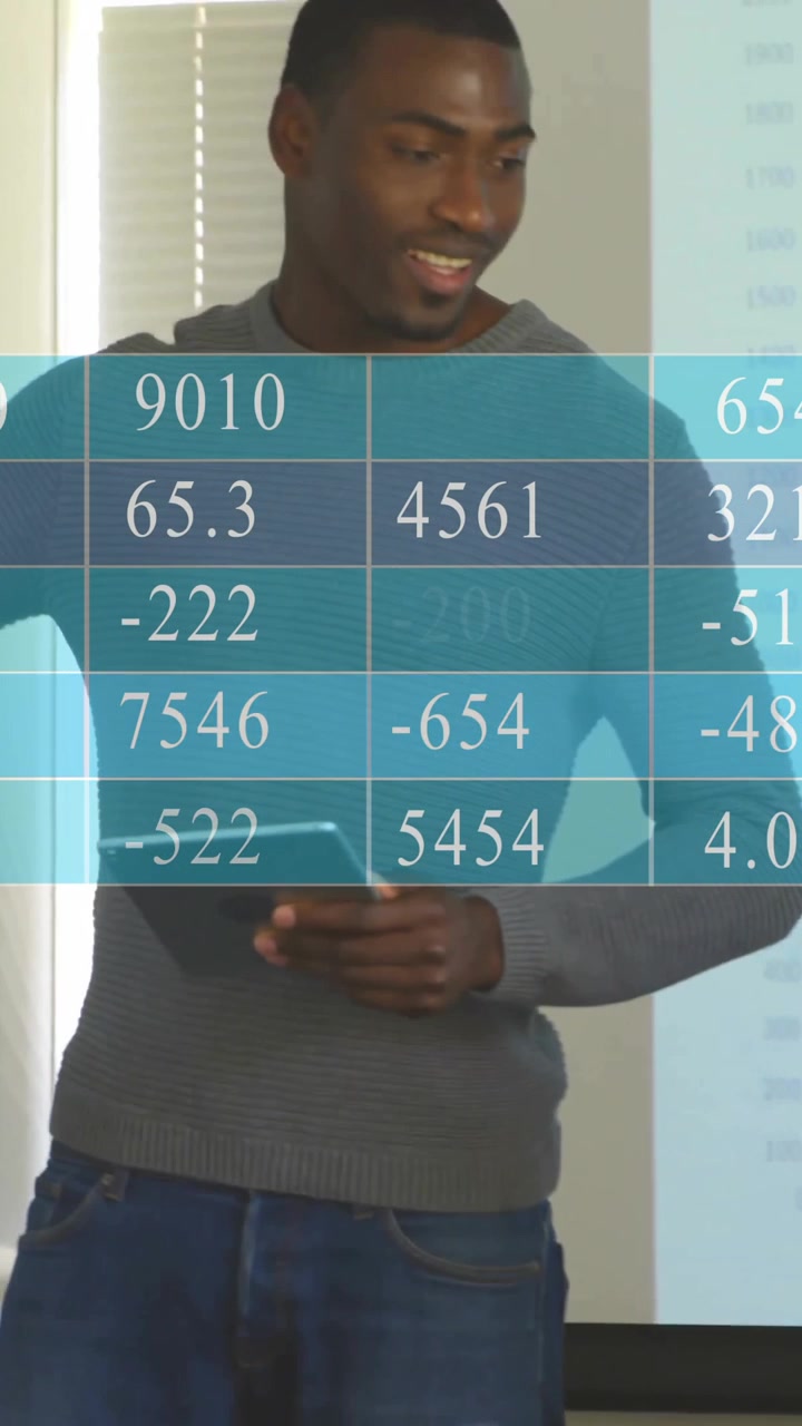 Animation of financial data processing over diverse colleagues having meeting in office