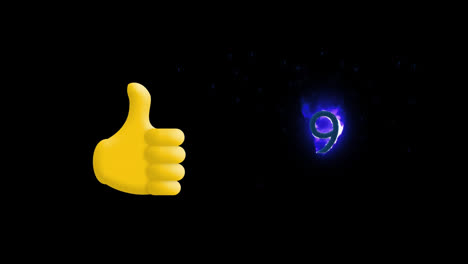 digital animation of thumbs up icon and number nine on fire icon against black background