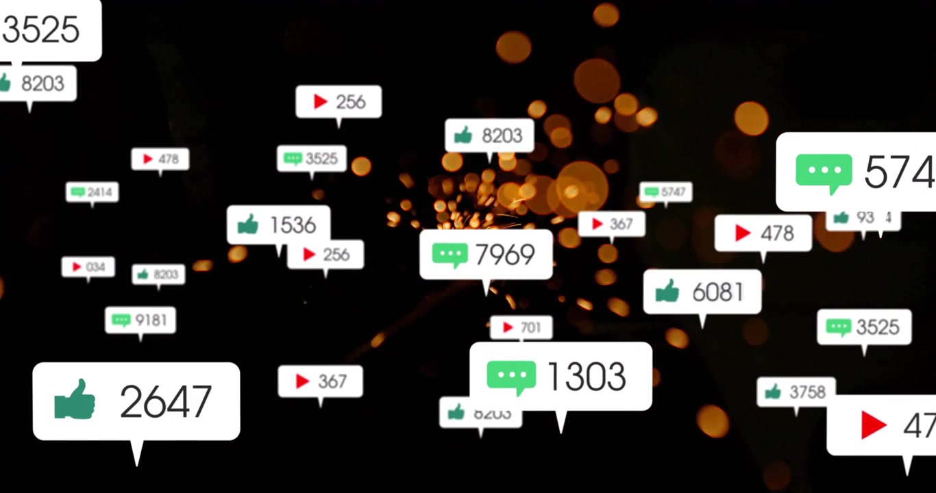 Golden spark burst radiating badges popping, incrementing, orbiting core showing engagement metrics